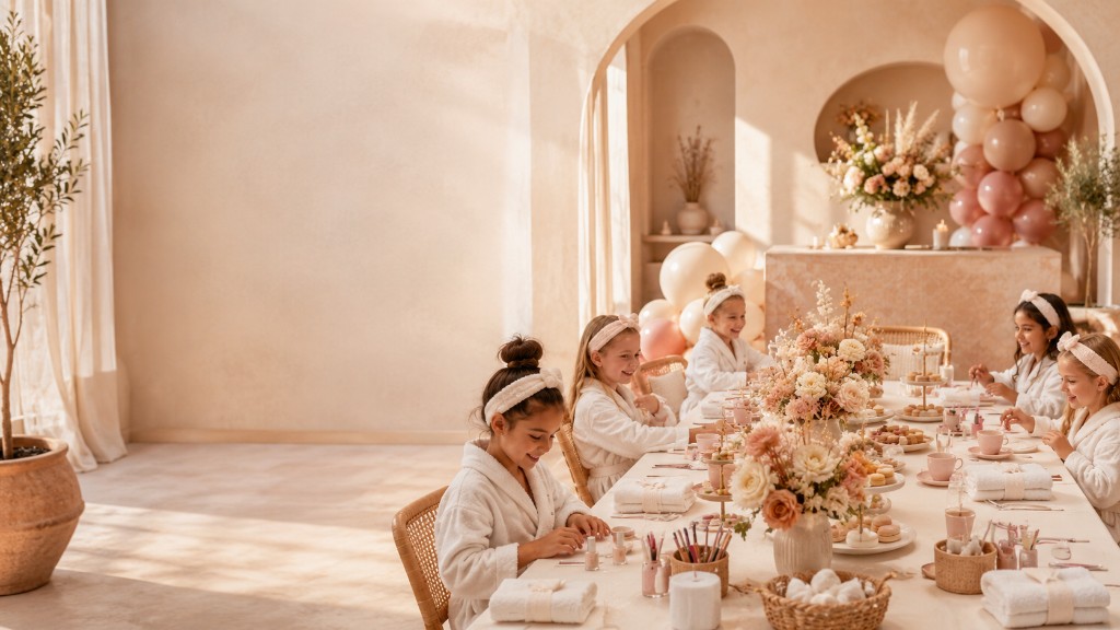 Spa-themed children's party with robes, flowers, and treats at UKU Kids Events in Southport