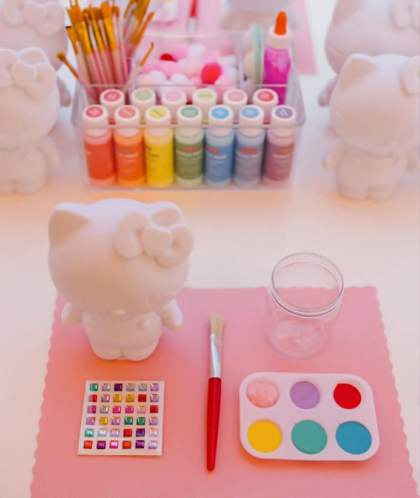Plaster painting party with paints, gems, and figurines